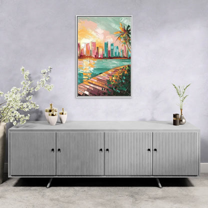 Miami Sunrise Over Water - Living Room White Frame Canvas