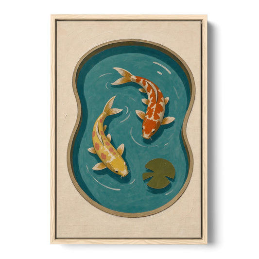 1950s Wall Art of Koi in a Kidney Pond - Oak Framed Canvas Wall Art - Front