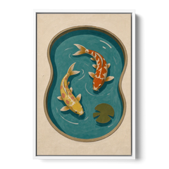 1950s Wall Art of Koi in a Kidney Pond - White Framed Canvas Wall Art - Front