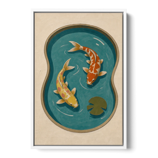 1950s Wall Art of Koi in a Kidney Pond - White Framed Canvas Wall Art - Front