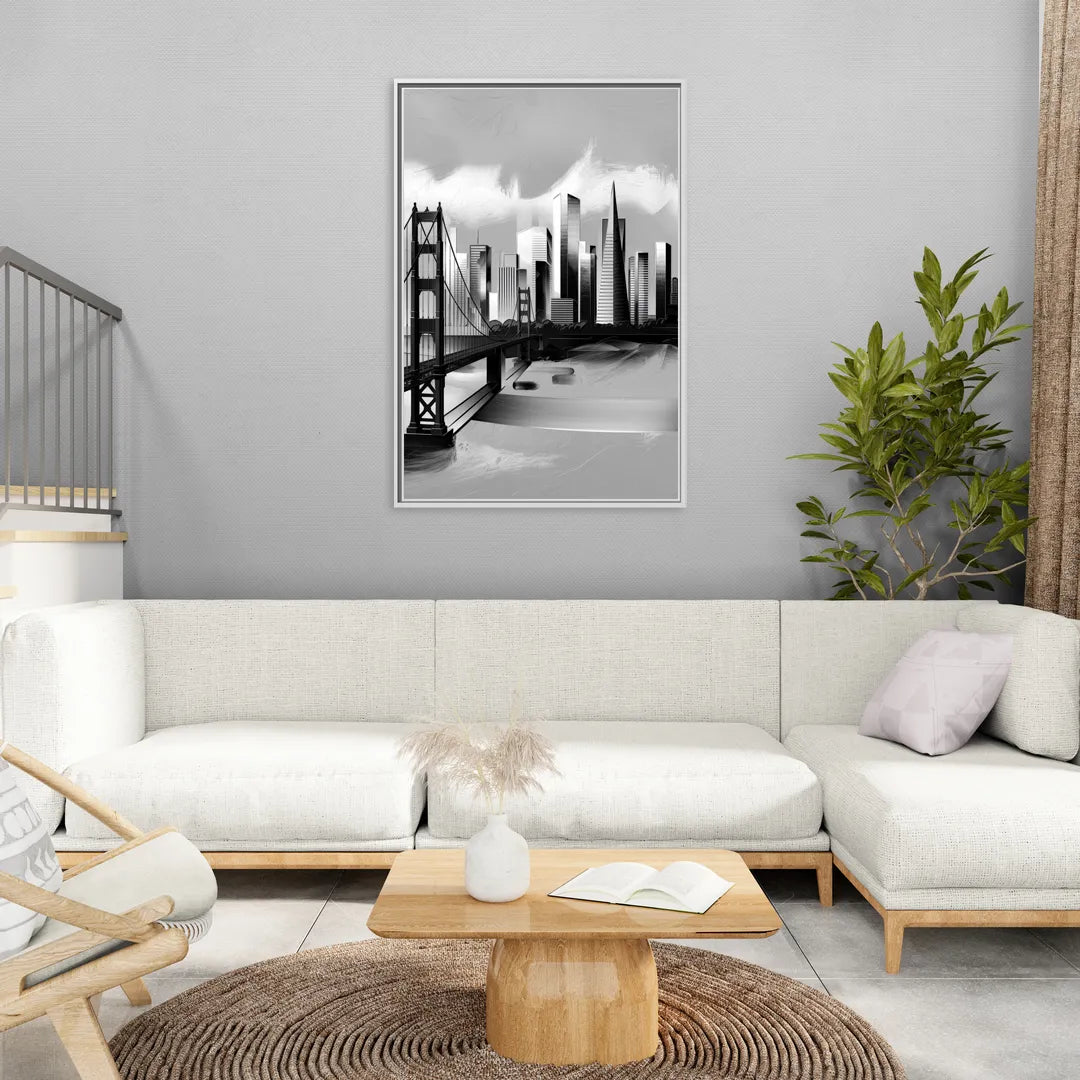 San Francisco Black and White Skyline - Living Room White Frame Canvas