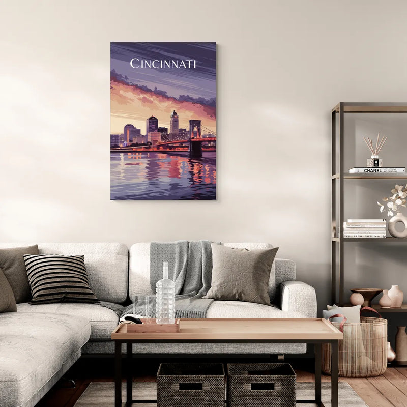 Cincinnati Skyline Over the Ohio River - Canvas Wall Art Living Room