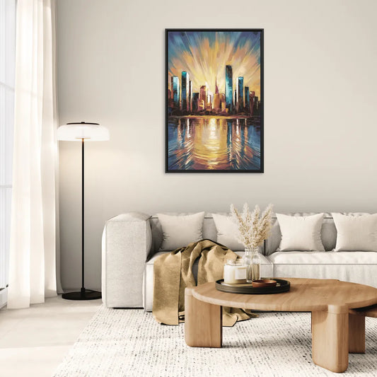 Riverside Sunset Over the City - Living Room Black Frame Canvas
