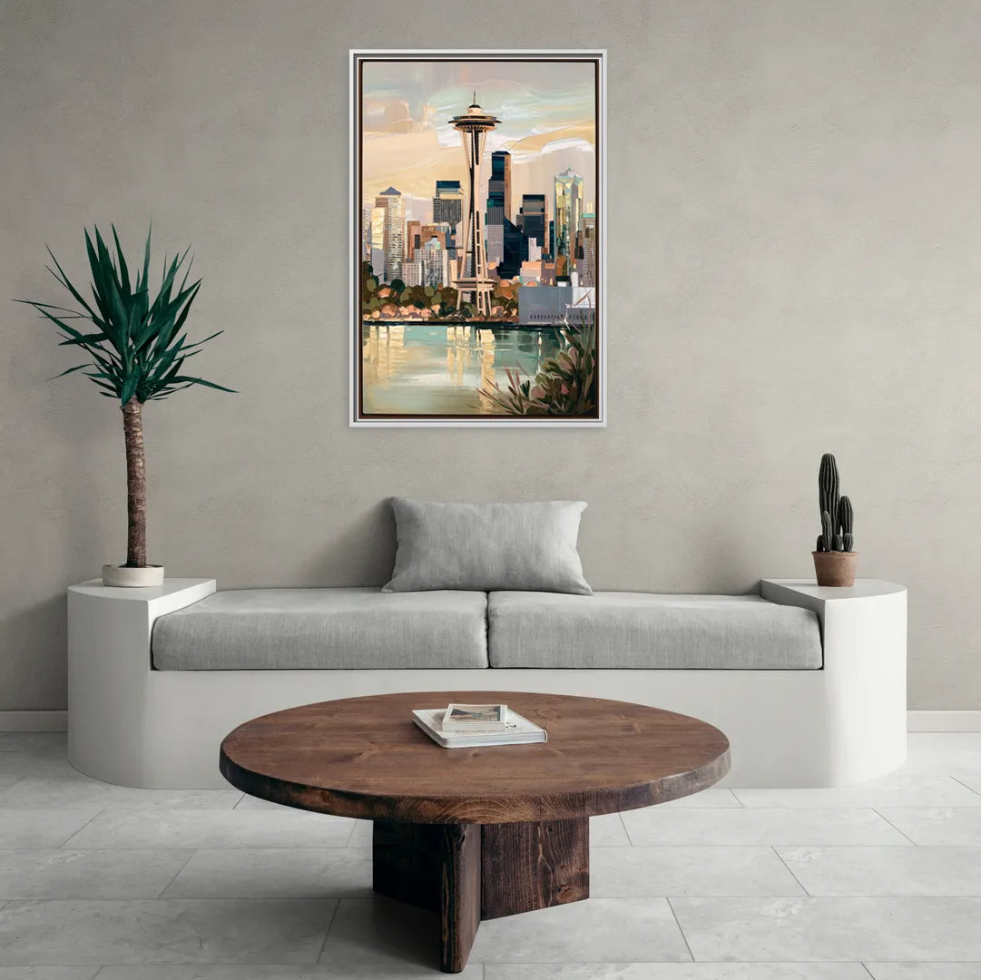 Seattle Space Needle and Cityscape - Living Room White Frame Canvas