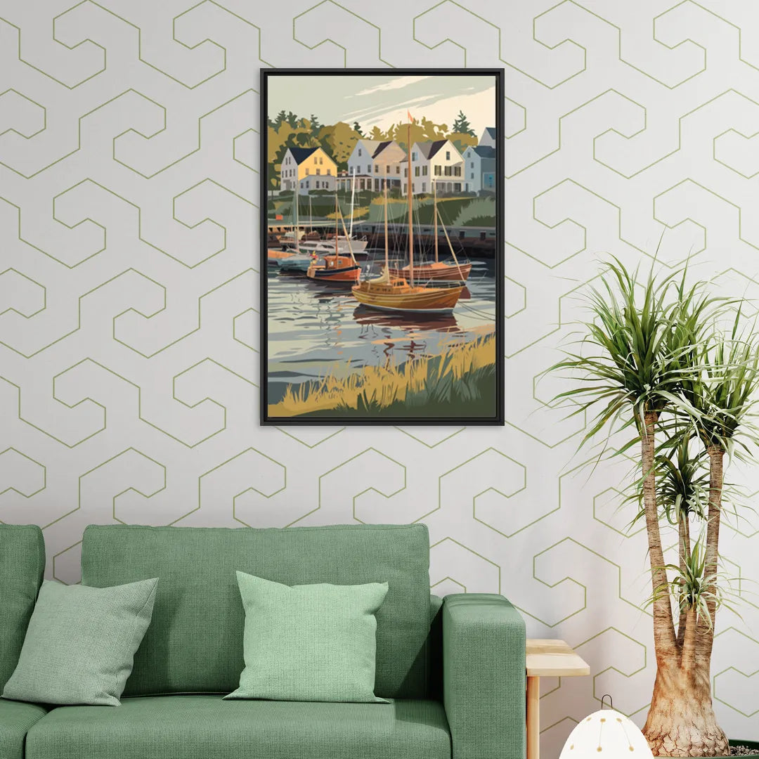 Camden Harbor Boats and Skyline - Living Room Black Frame Canvas