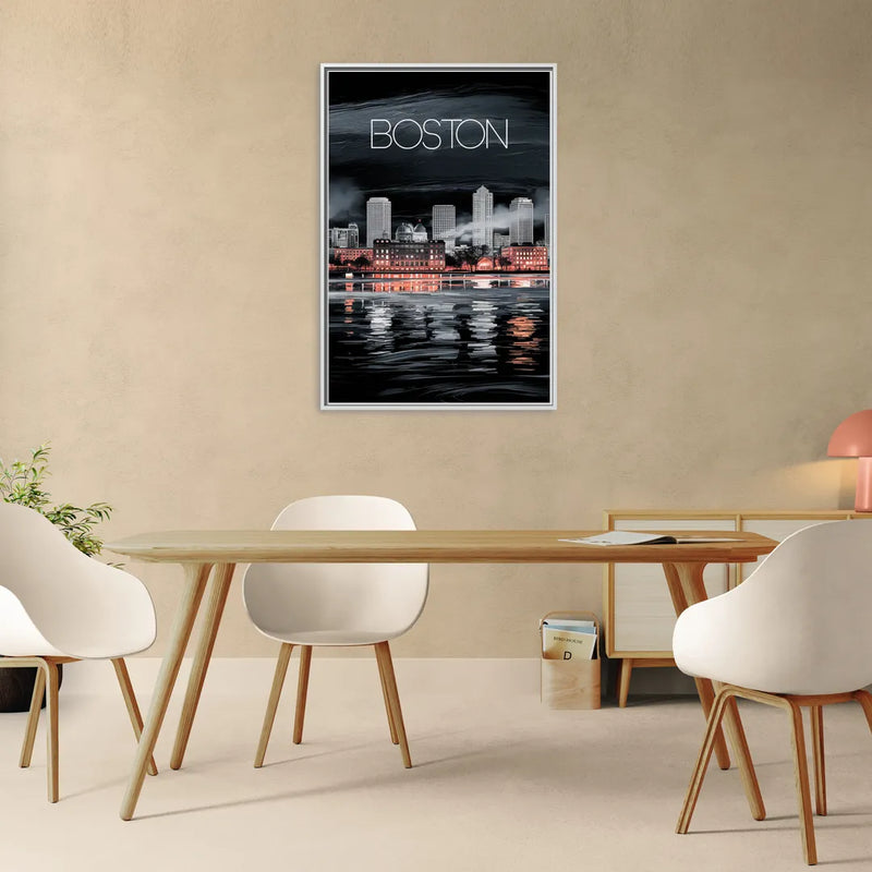 Boston Black and White Aesthetic - Living Room White Frame Canvas