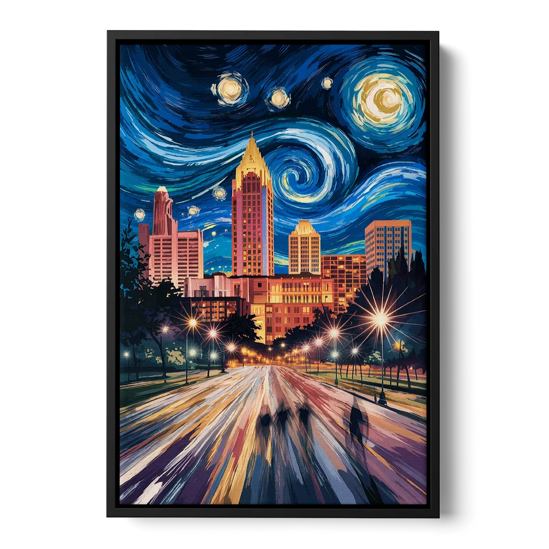 Raleigh Urban Night Lights - Black Frame Canvas