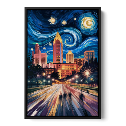 Raleigh Urban Night Lights - Black Frame Canvas