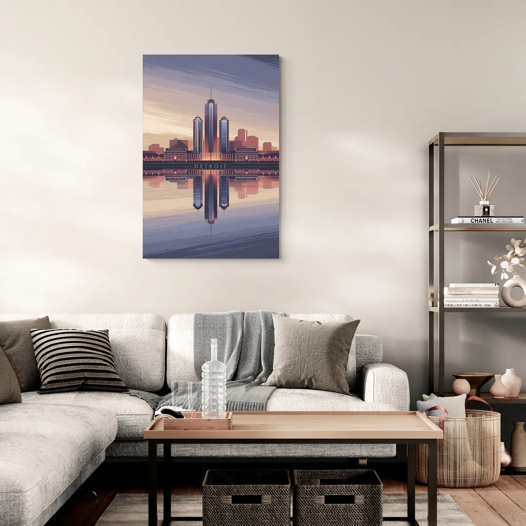 Detroit Skyline Reflections - Canvas Wall Art Living Room