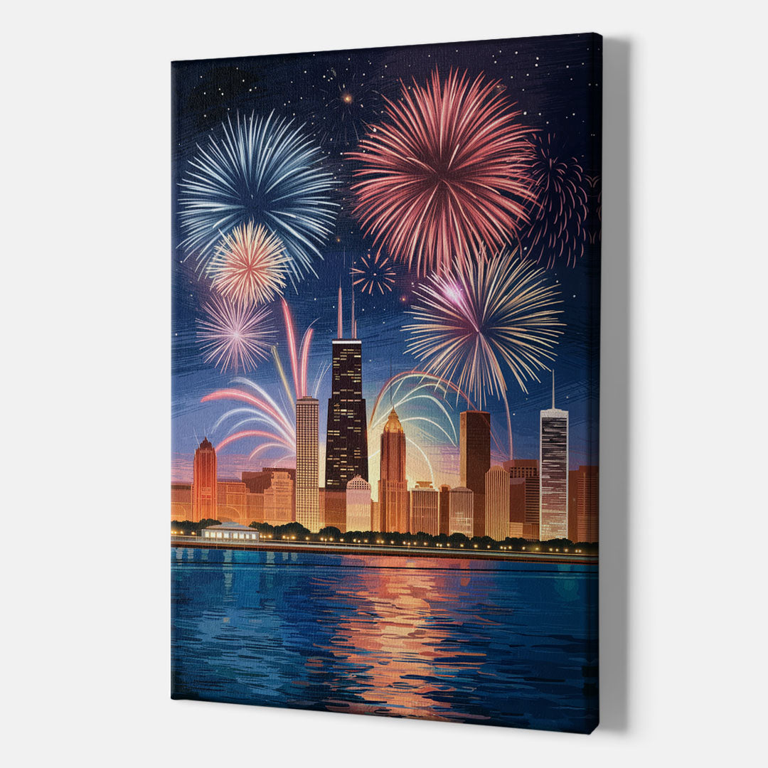 Chicago Skyline and Fireworks - Canvas Wall Art Indoor