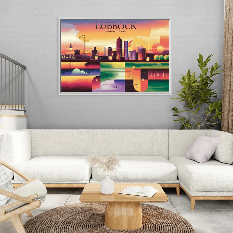 Lubbock Vibrant Cityscape - Living Room White Frame Canvas