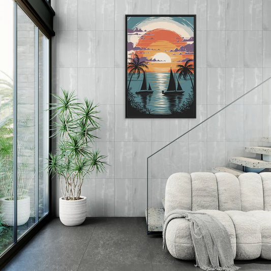 Key West Sunset Over Water - Living Room Black Frame Canvas