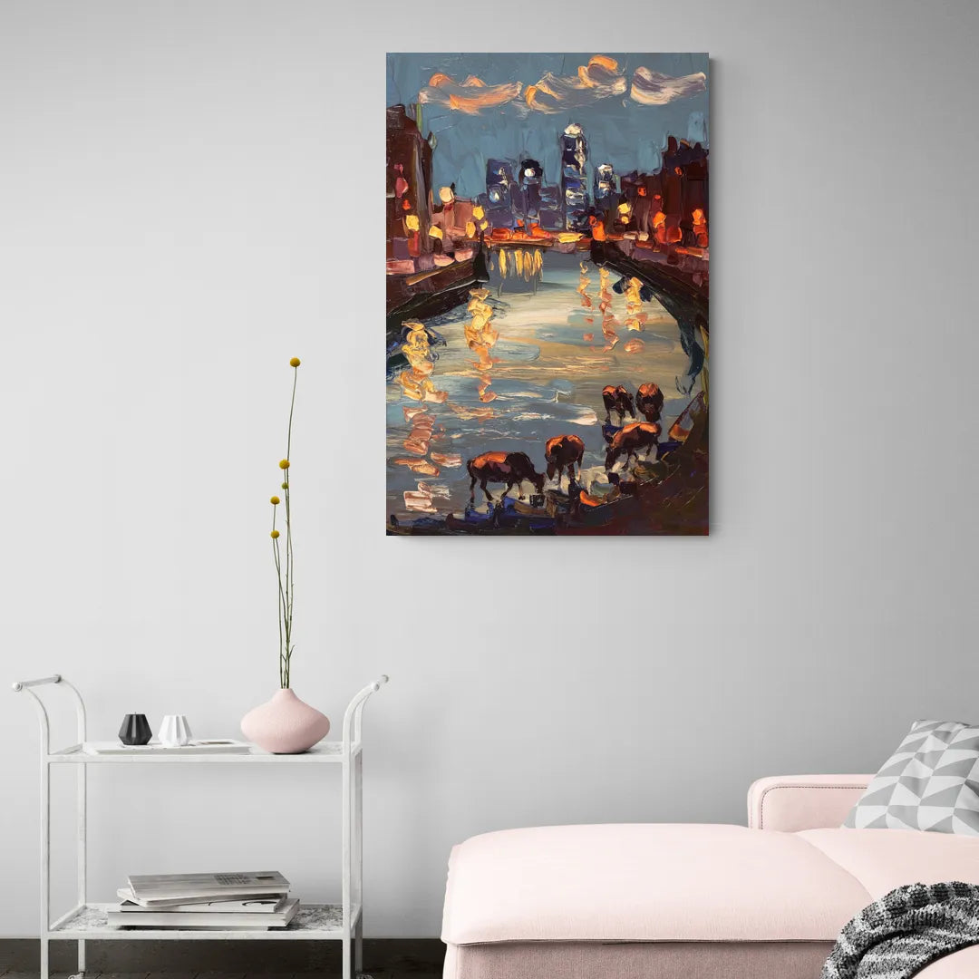 Buffalo Canalside at Night - Canvas Wall Art Living Room