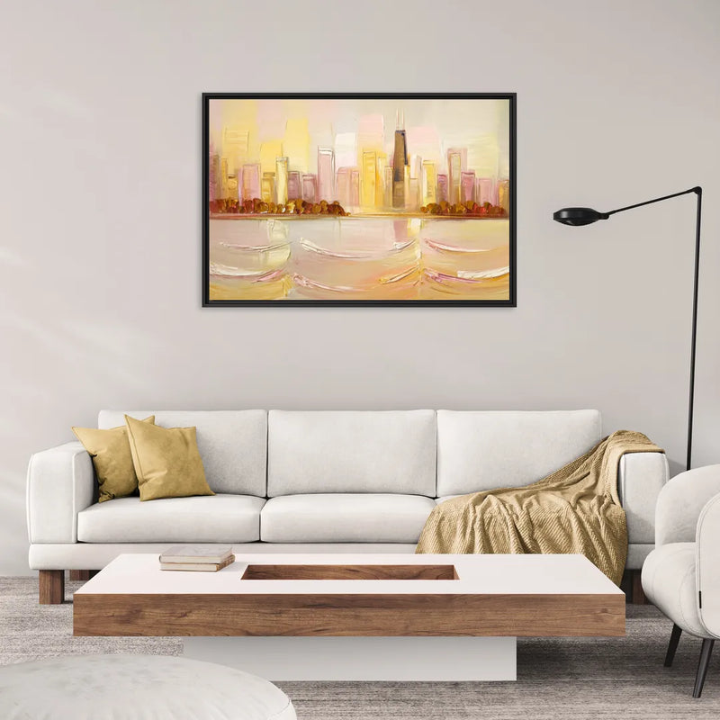 Chicago Cityscape At Dawn - Living Room Black Frame Canvas