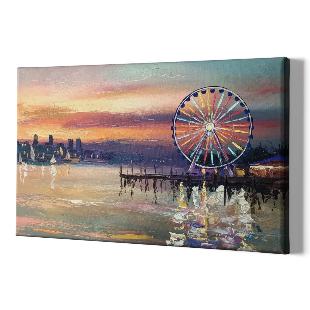 Seattle Harbor With Ferris Wheel - Canvas Print Art Sides