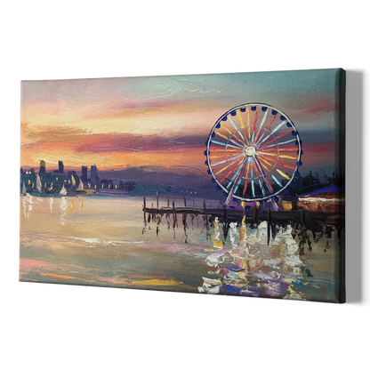 Seattle Harbor With Ferris Wheel - Canvas Print Art Sides
