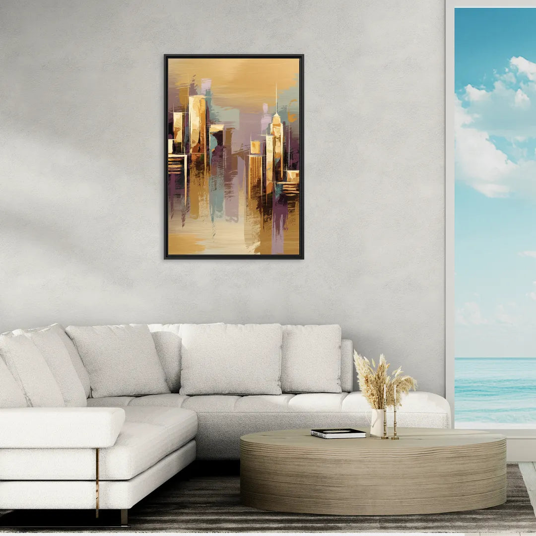Kansas City Downtown Panorama - Living Room Black Frame Canvas