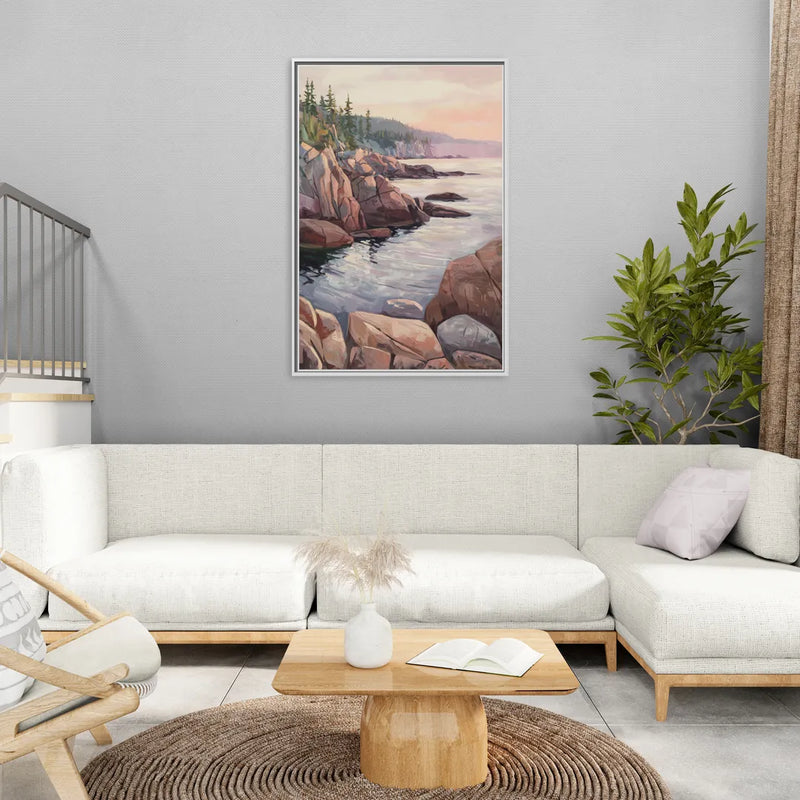 Bar Harbor Rocky Shoreline - Living Room White Frame Canvas