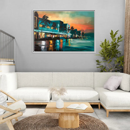 Miami Ocean Drive Lights - Living Room White Frame Canvas
