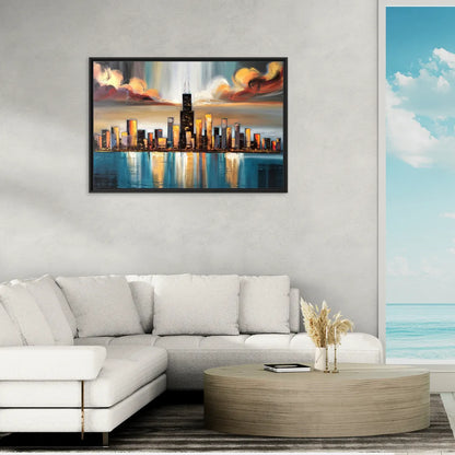 Chicago Skyline With Willis Tower - Living Room Black Frame Canvas