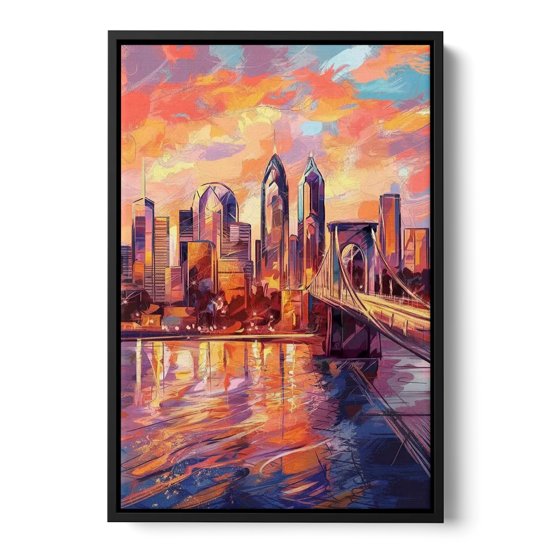 Philadelphia Skyline at Sunset - Black Frame Canvas