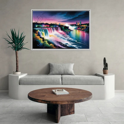 Niagara Falls at Night - Living Room White Frame Canvas