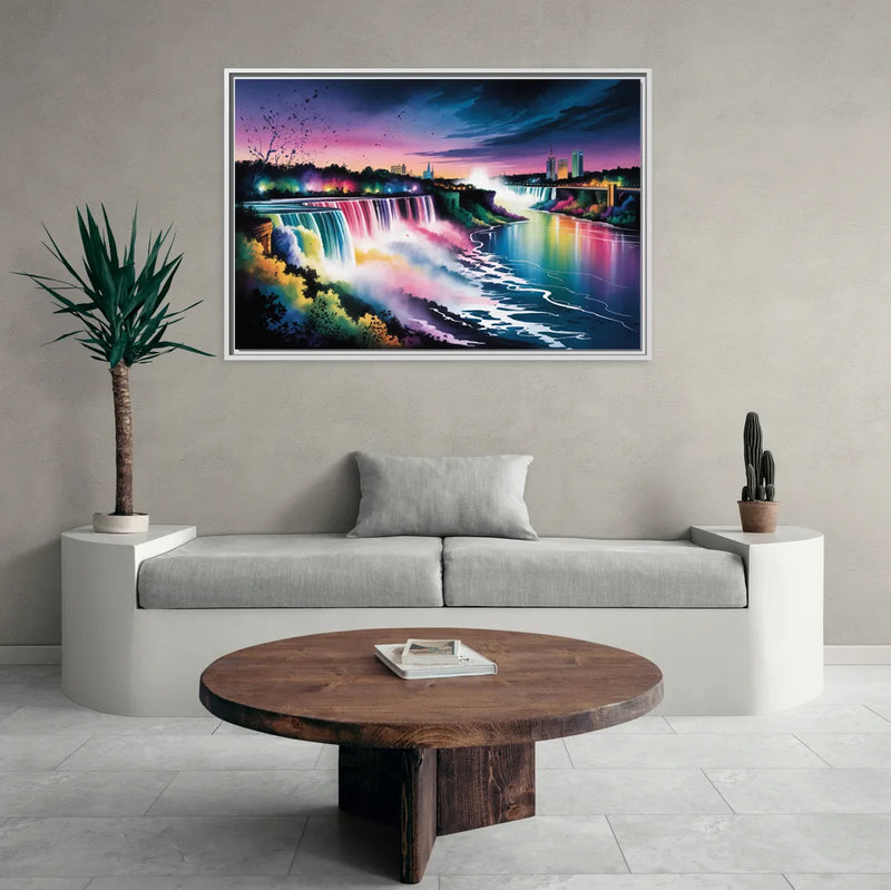Niagara Falls at Night - Living Room White Frame Canvas