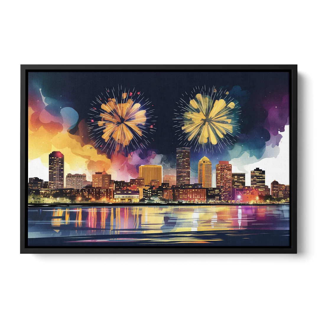 Boston Skyline With Fireworks - Black Frame Canvas