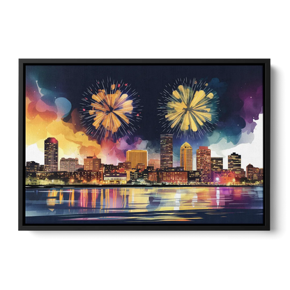 Boston Skyline With Fireworks - Black Frame Canvas