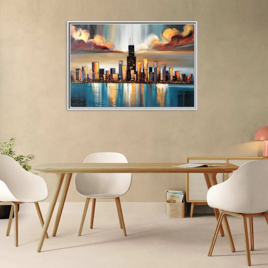 Chicago Skyline With Willis Tower - Living Room White Frame Canvas