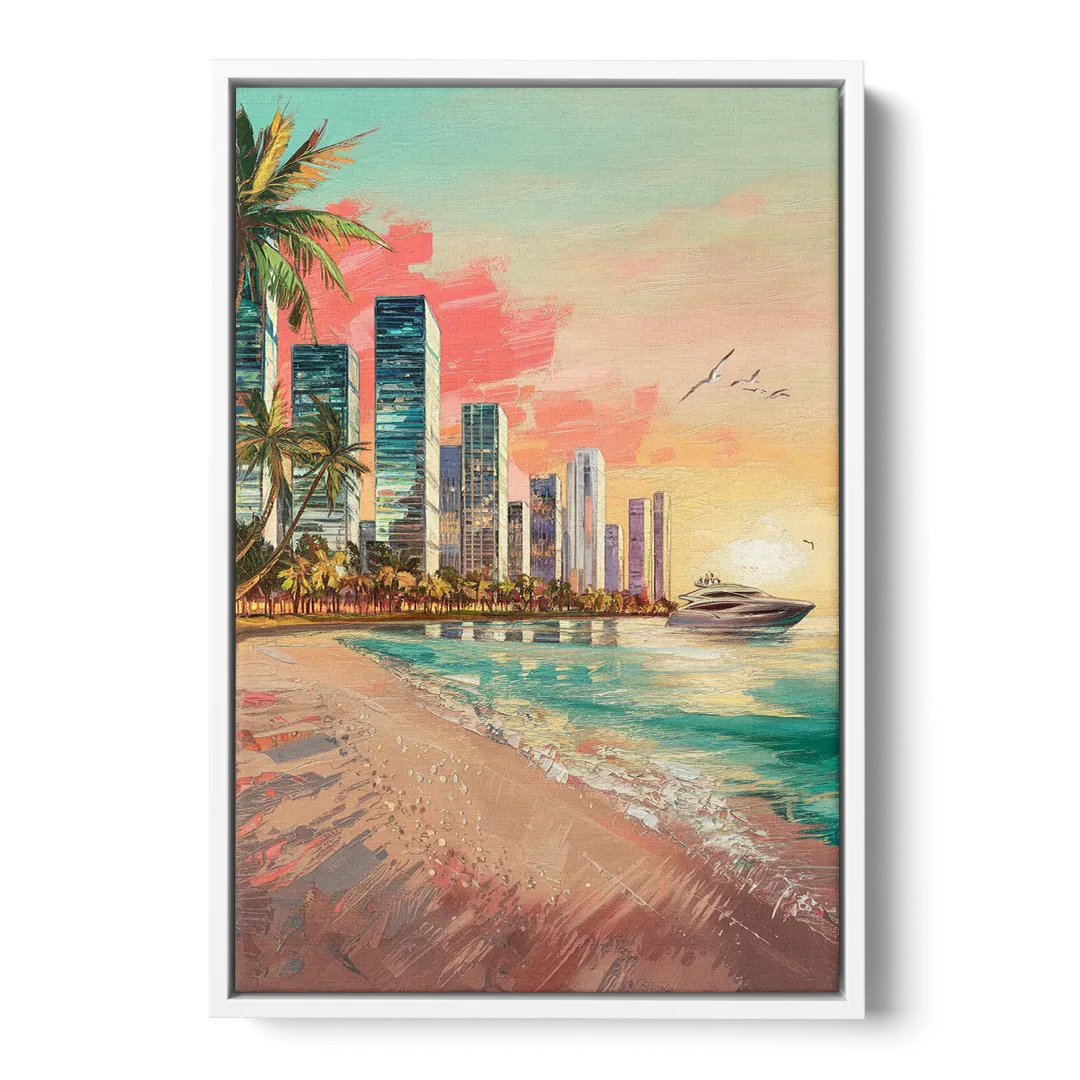 Miami Beachfront Horizon - White Frame Canvas