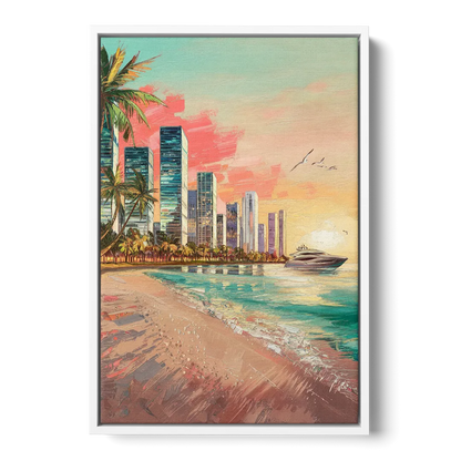 Miami Beachfront Horizon - White Frame Canvas