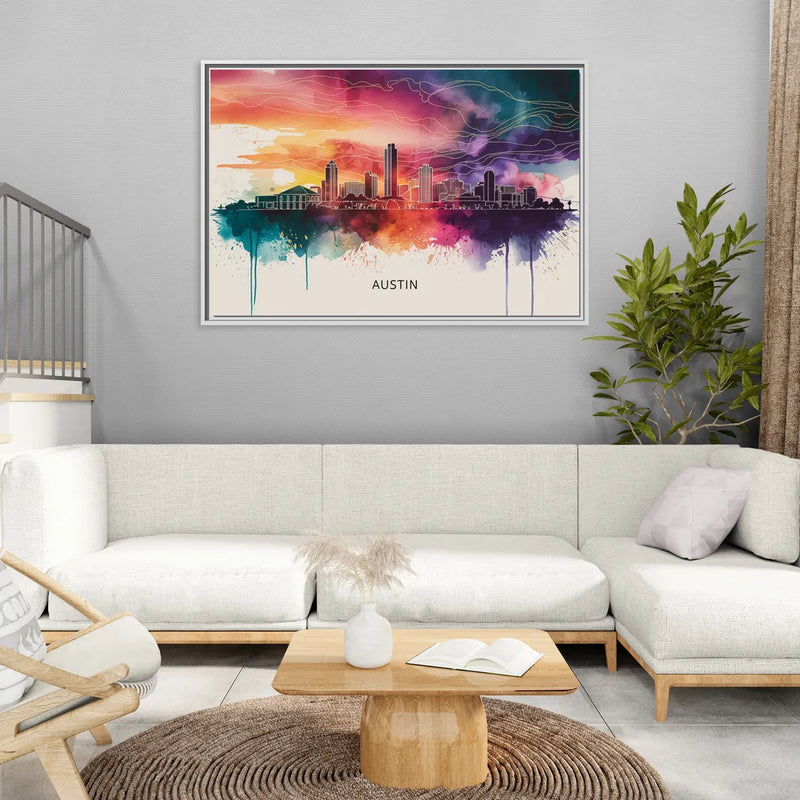 Austin Skyline Sunset Art - Living Room White Frame Canvas