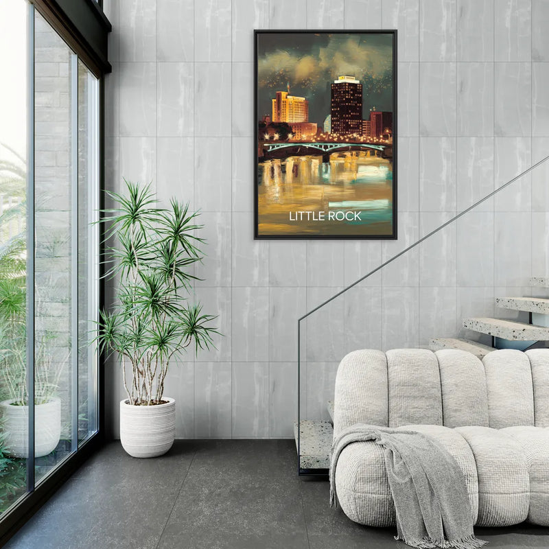 Little Rock Nighttime Skyline - Living Room Black Frame Canvas