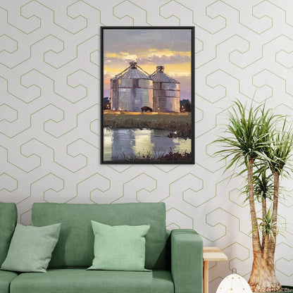 Buffalo Grain Silos at Dusk - Living Room Black Frame Canvas