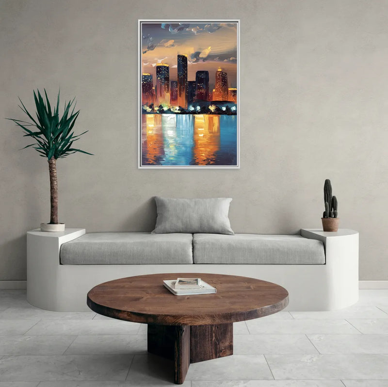 Houston Skyline Glow - Living Room White Frame Canvas