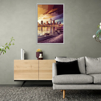 Boston Skyline at Sunset - Living Room White Frame Canvas