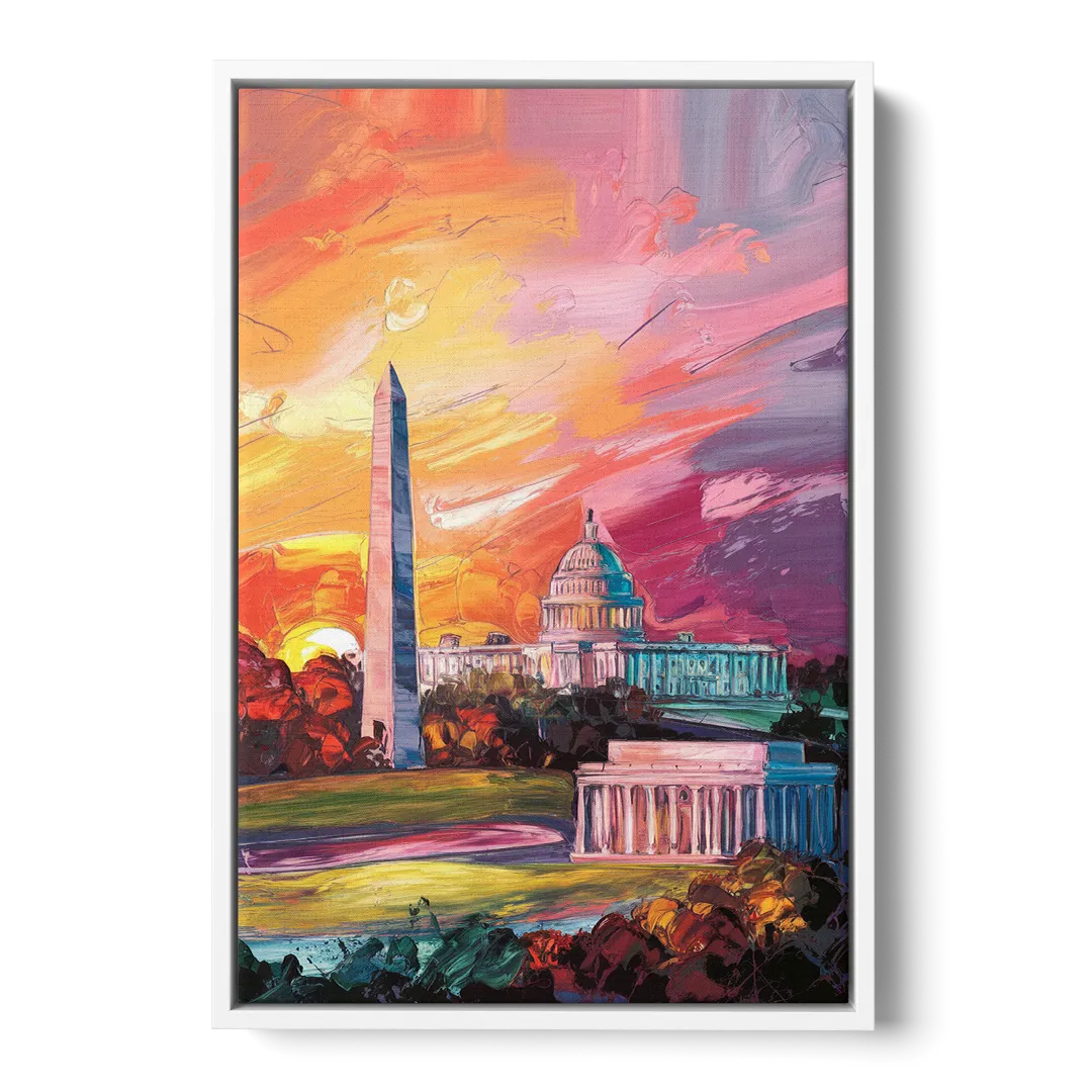Washington DC Skyline Sunset - White Frame Canvas