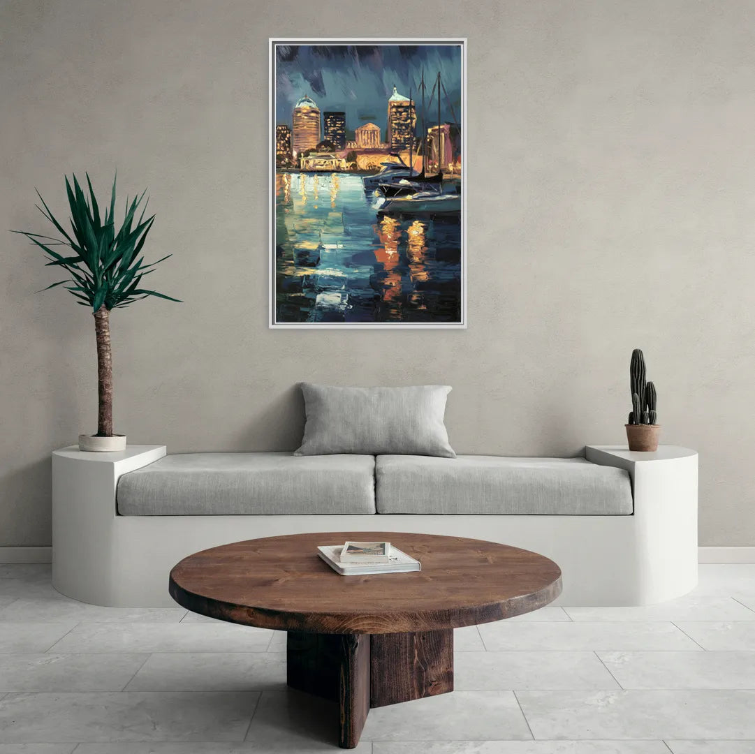 Baltimore Harbor Nightscape - Living Room White Frame Canvas