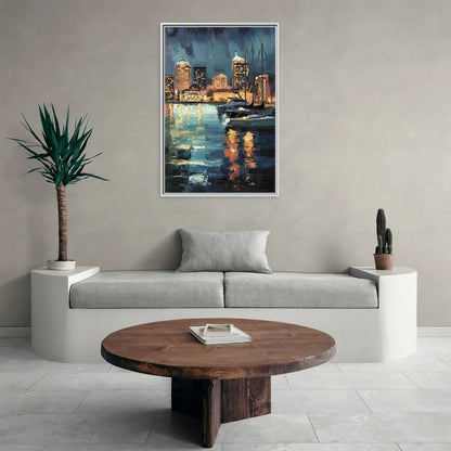 Baltimore Harbor Nightscape - Living Room White Frame Canvas
