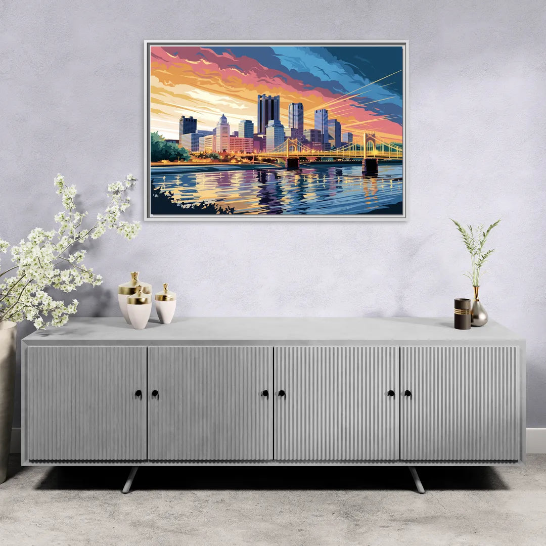 Pittsburgh Skyline At Sunset - Living Room White Frame Canvas