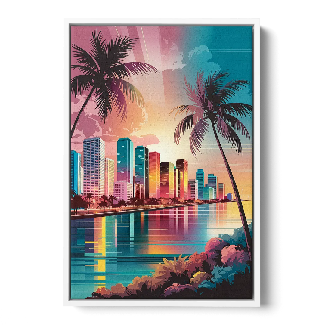 Miami Sunset Boulevard - White Frame Canvas