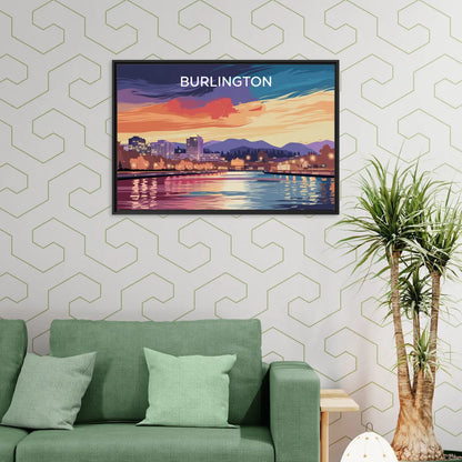 Burlington Skyline At Sunset - Living Room Black Frame Canvas