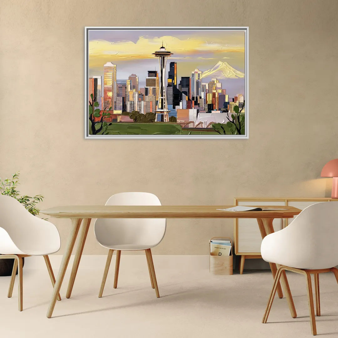 Seattle Downtown Skyline - Living Room White Frame Canvas
