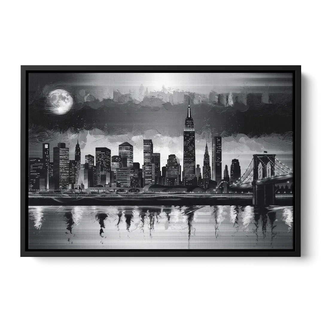 New York City Black And White Skyline - Black Frame Canvas