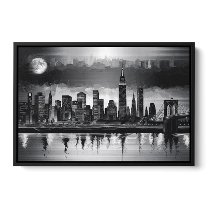 New York City Black And White Skyline - Black Frame Canvas