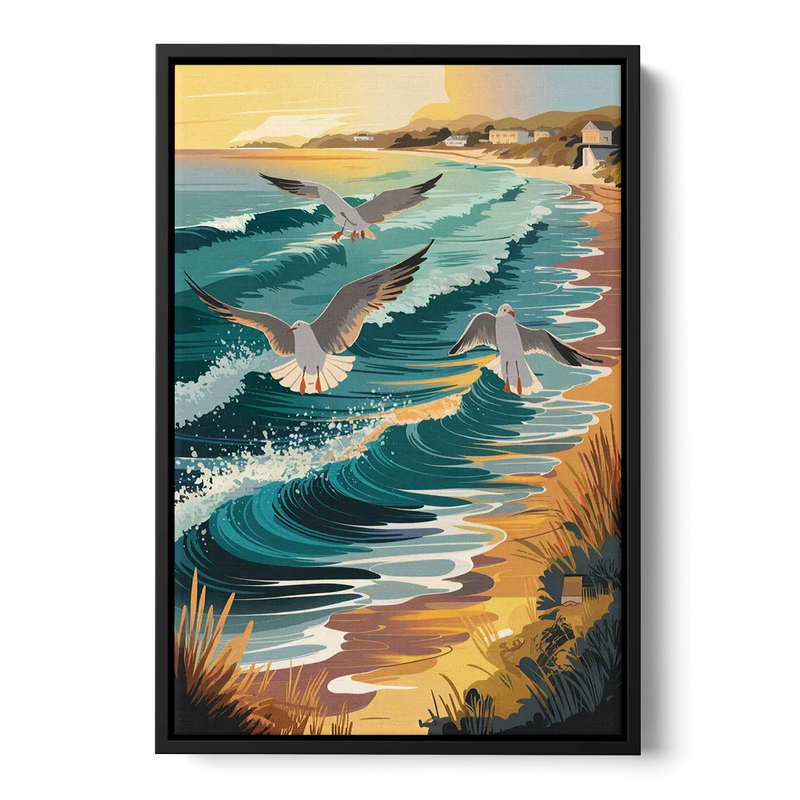 Cape May Seagulls in Flight - Black Frame Canvas