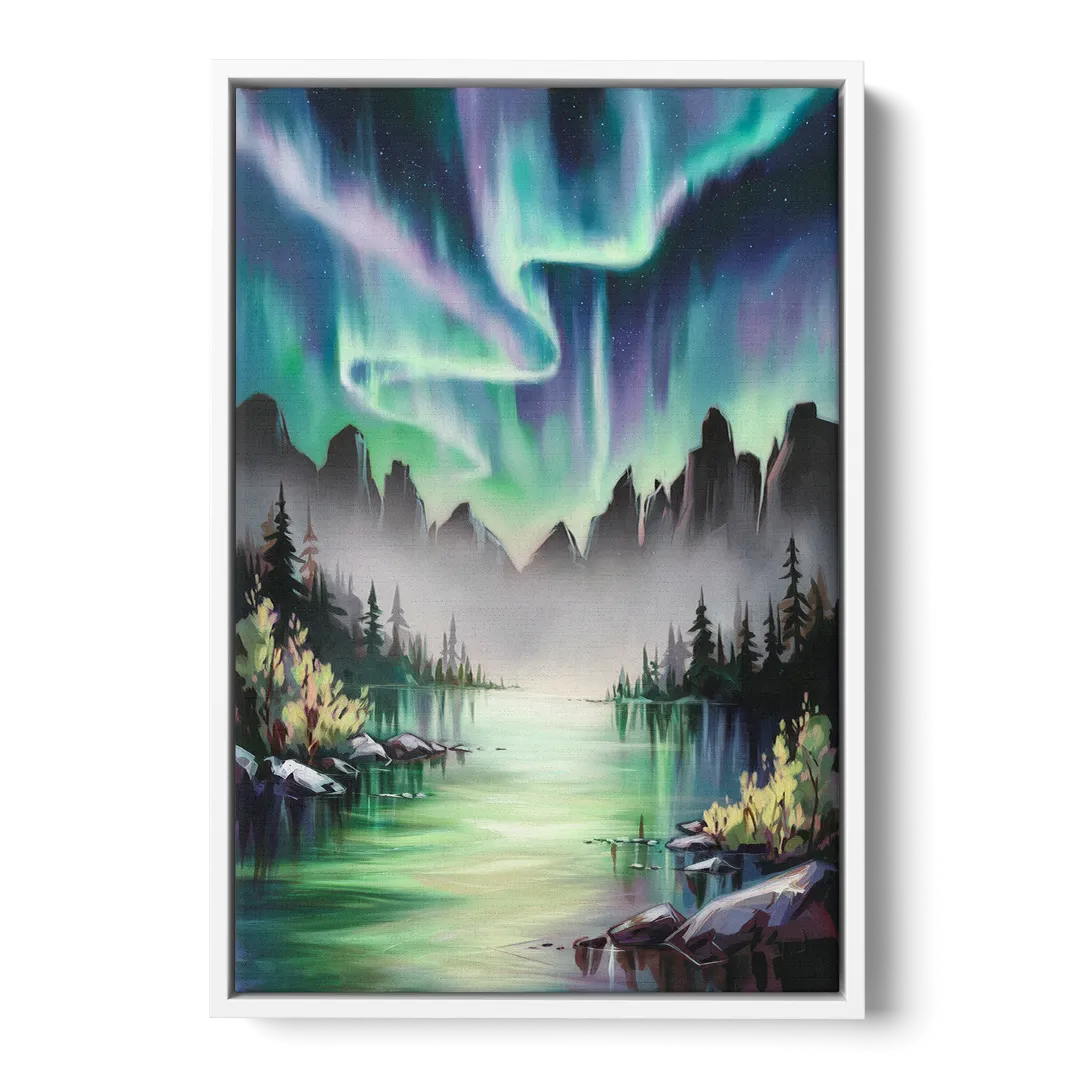 Aurora Borealis Landscape - White Frame Canvas
