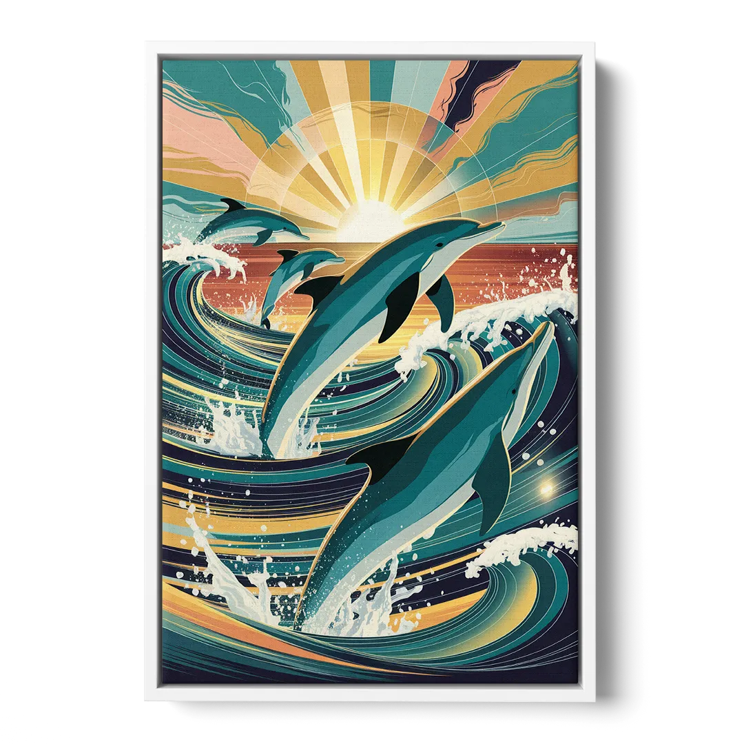Virginia Beach Dolphins in Motion - White Frame Canvas