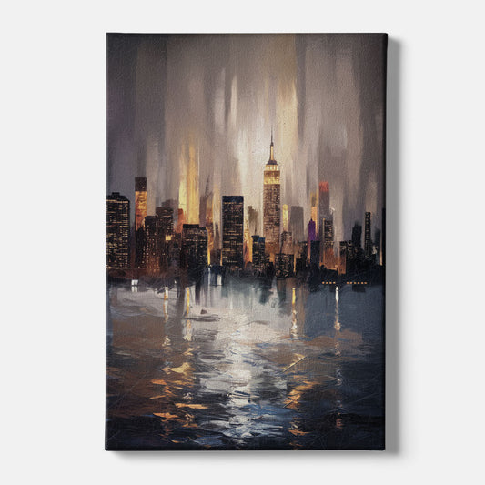 New York City Foggy Skyline Contrast Night - Canvas Wall Art